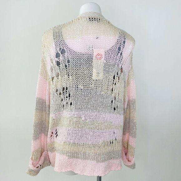WILDFOX Cardigan Women size XS Pink Beige Distressed Striped Open Knit Sweater - Picture 4 of 7